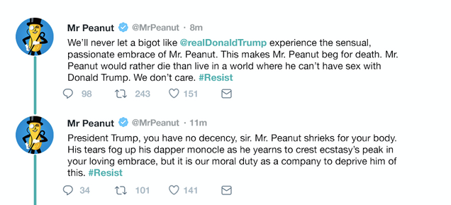 Illustration for article titled Take That, Drumpf! Planters Peanuts Announced That Even Though Mr. Peanut Really Wants To Have Sex With Donald Trump, They Will Never Let Him